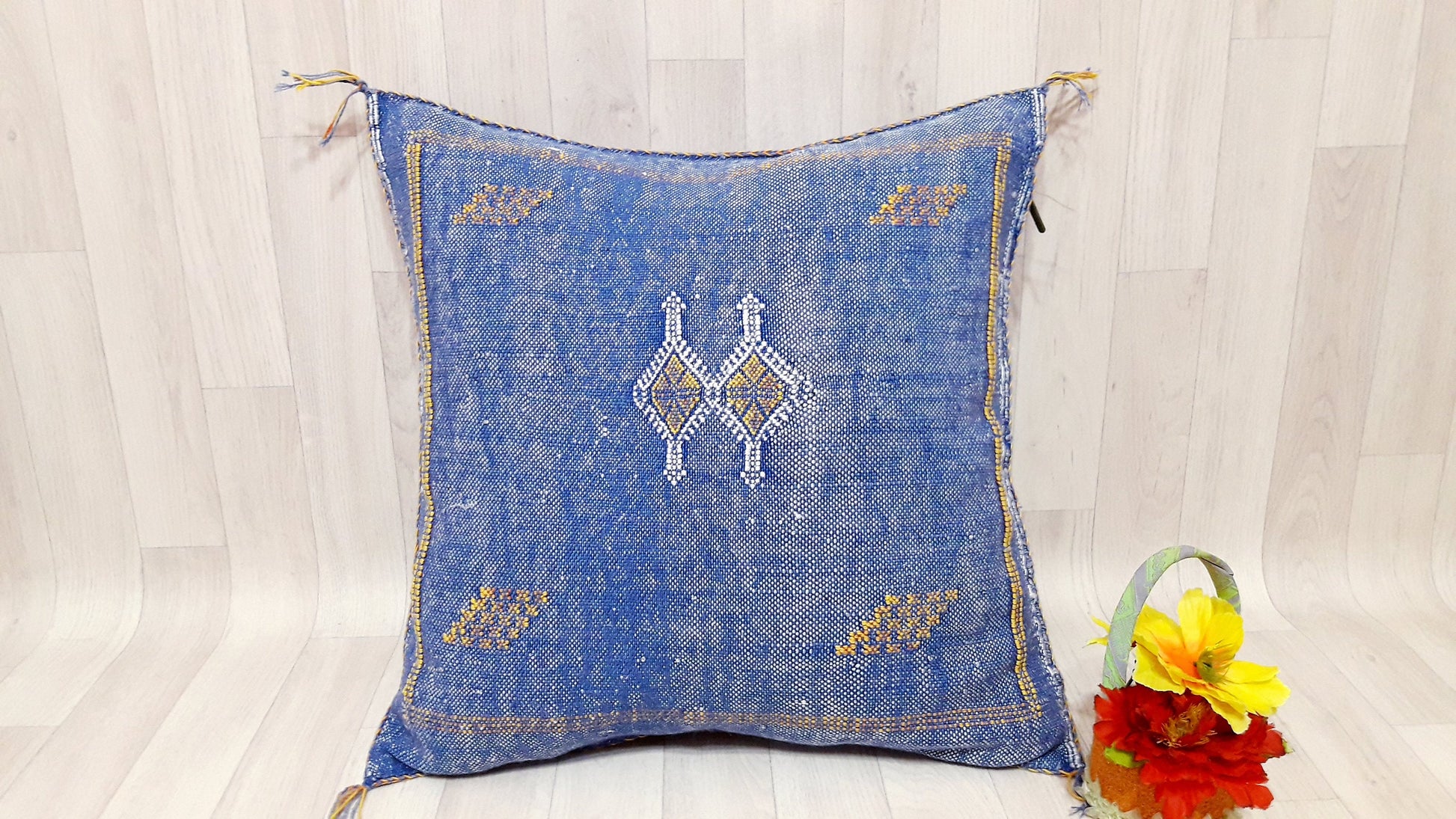 Cactus Silk Cushion Cover - Blue Sabra Pillow - Handmade Morocco Cushion . Moroccan Sabra Cushion