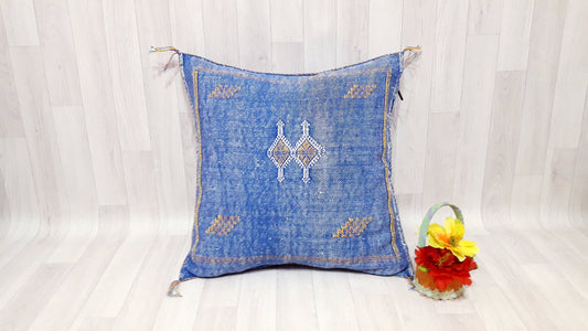 Cactus Silk Cushion Cover - Blue Sabra Pillow - Handmade Morocco Cushion . Moroccan Sabra Cushion