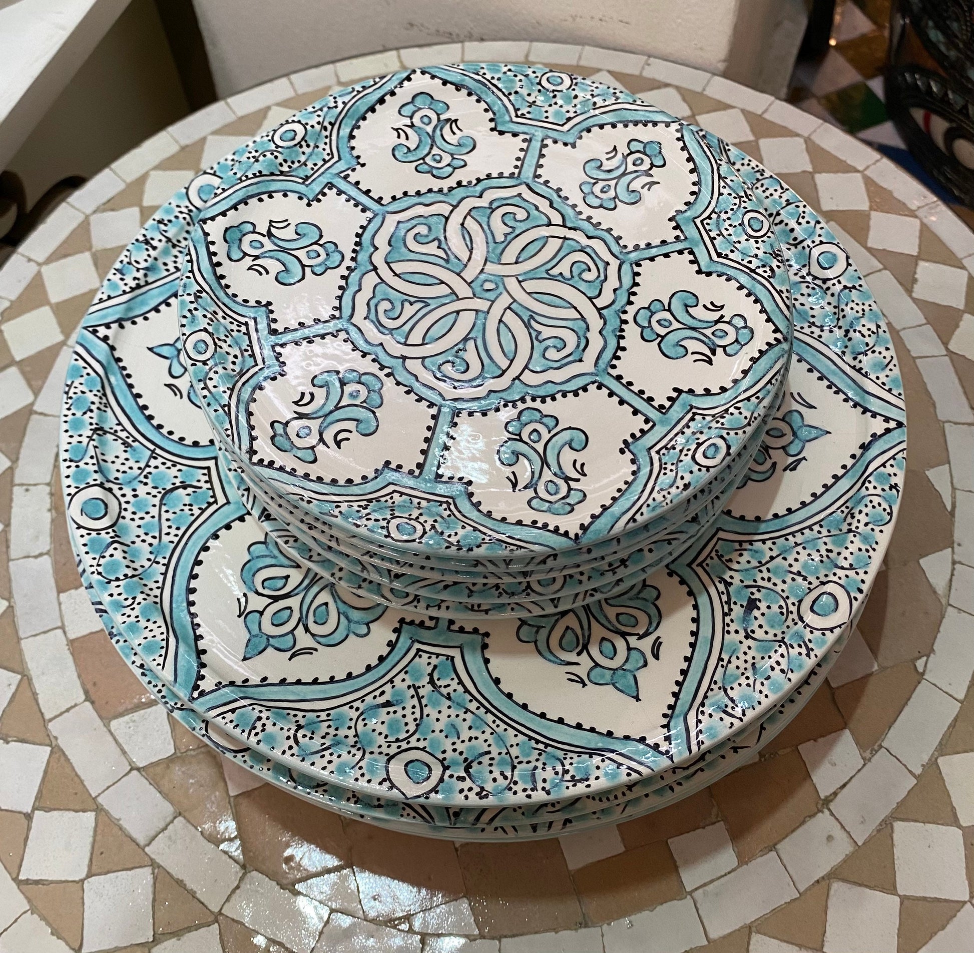 Turquoise Plat, Handmade and Hand Painted from Fez, Dinner Plates and Dessert Plates.