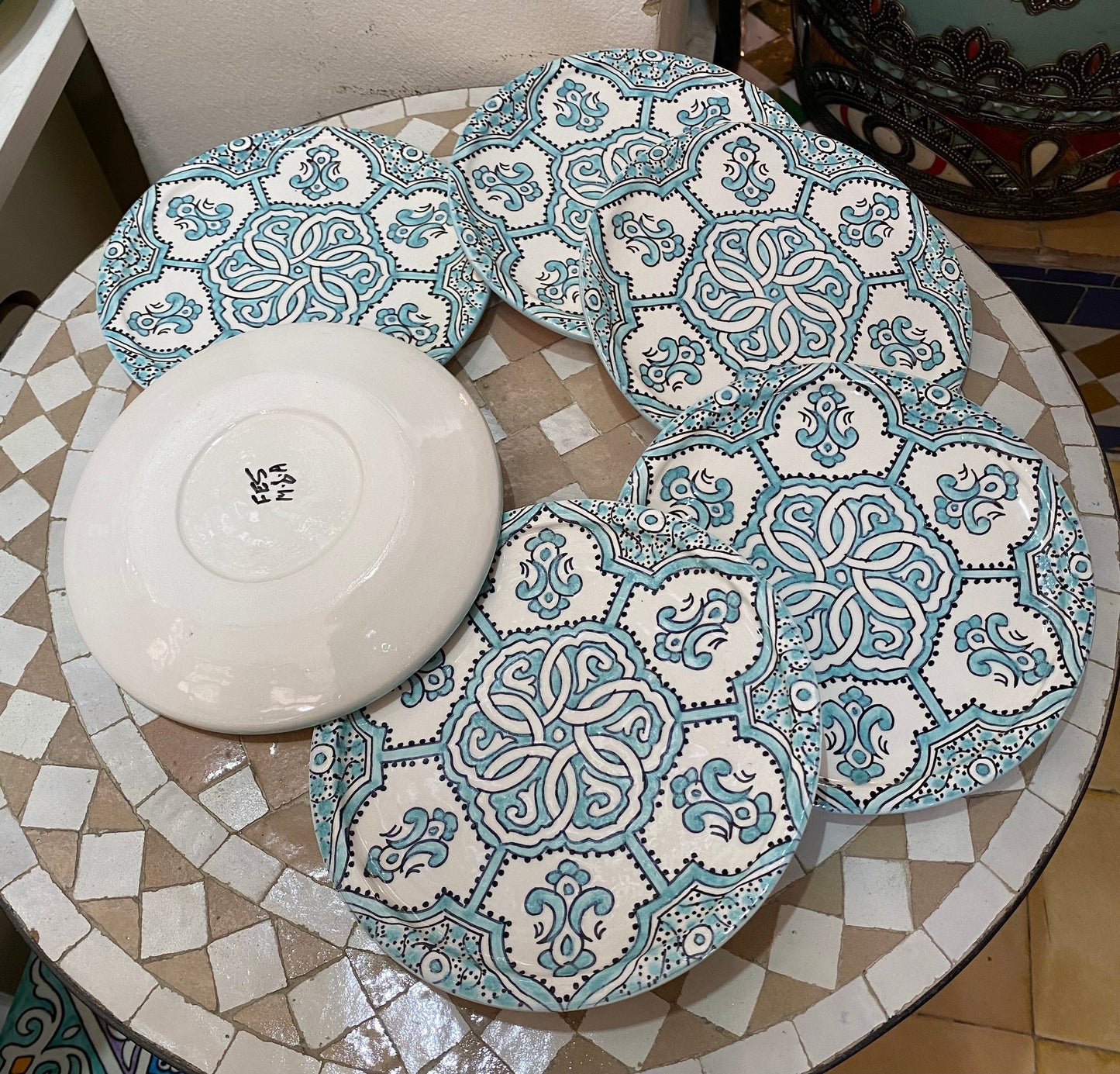 Turquoise Plat, Handmade and Hand Painted from Fez, Dinner Plates and Dessert Plates.