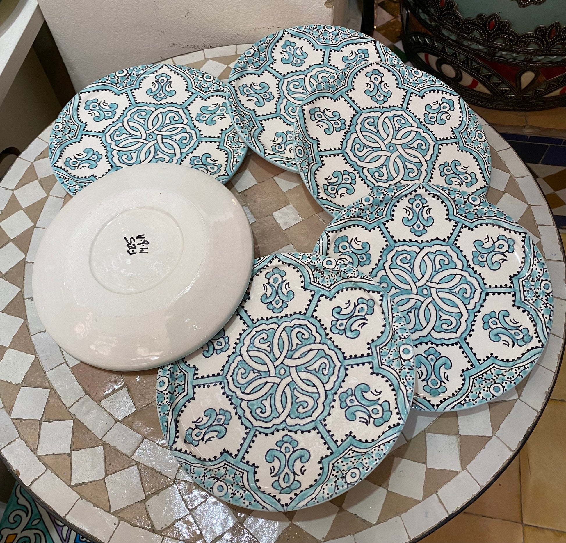 Turquoise Plat, Handmade and Hand Painted from Fez, Dinner Plates and Dessert Plates.