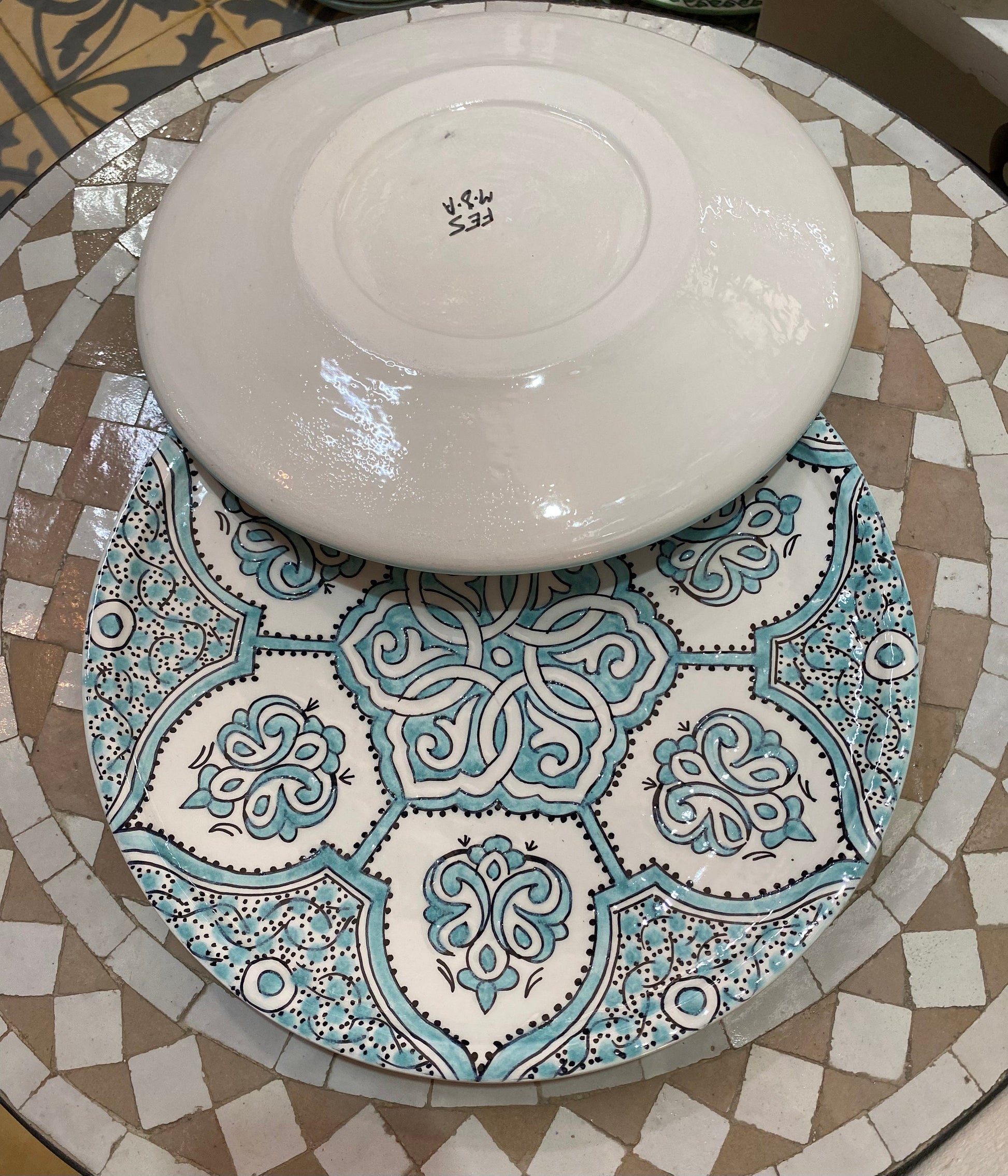 Turquoise Plat, Handmade and Hand Painted from Fez, Dinner Plates and Dessert Plates.