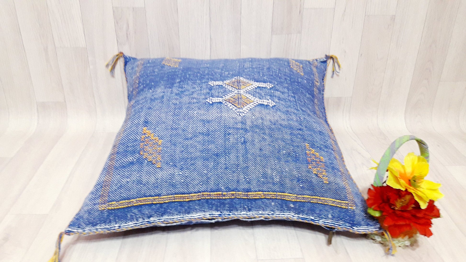 Cactus Silk Cushion Cover - Blue Sabra Pillow - Handmade Morocco Cushion . Moroccan Sabra Cushion