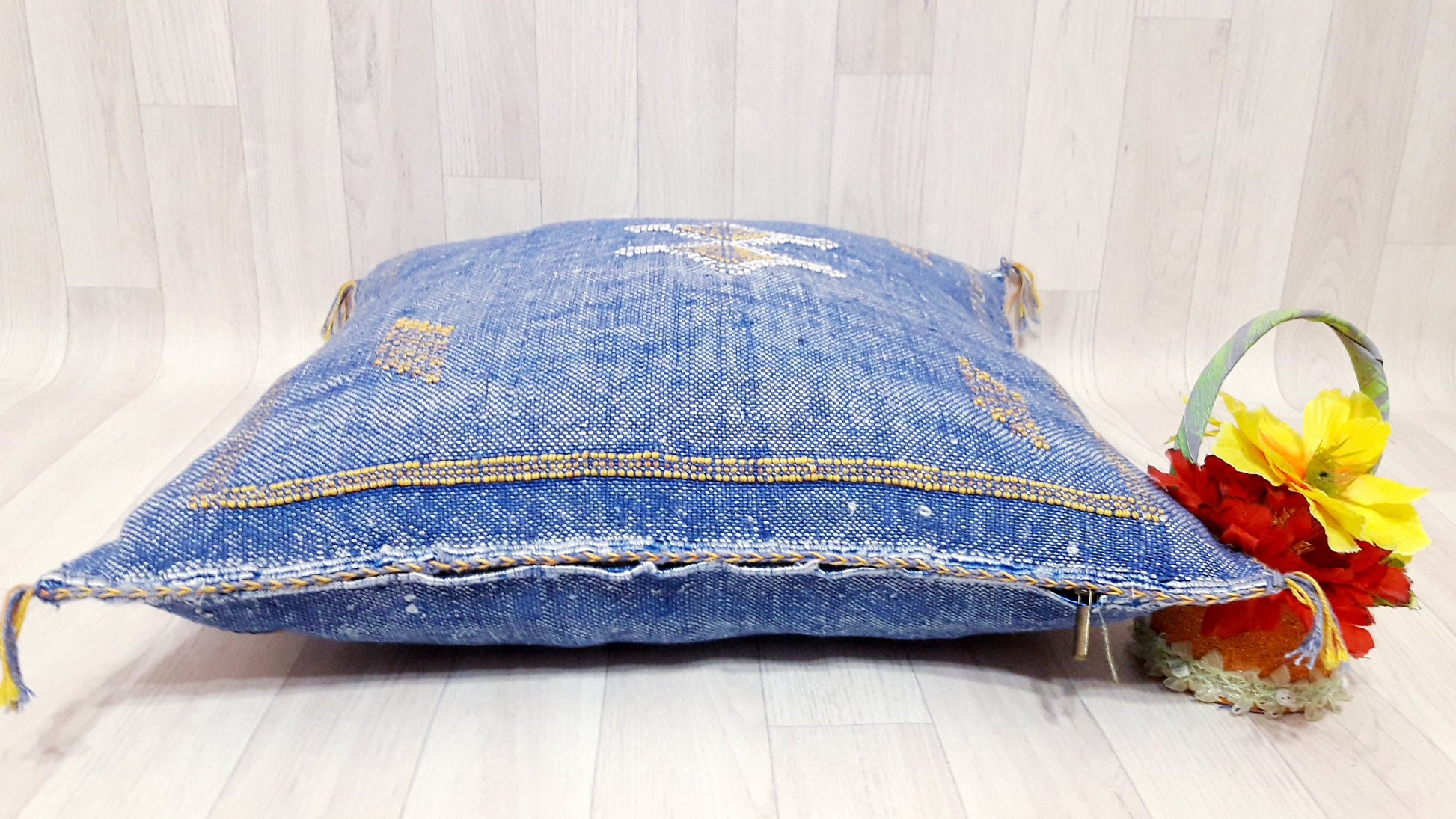 Cactus Silk Cushion Cover - Blue Sabra Pillow - Handmade Morocco Cushion . Moroccan Sabra Cushion