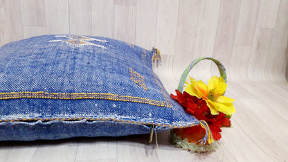 Cactus Silk Cushion Cover - Blue Sabra Pillow - Handmade Morocco Cushion . Moroccan Sabra Cushion