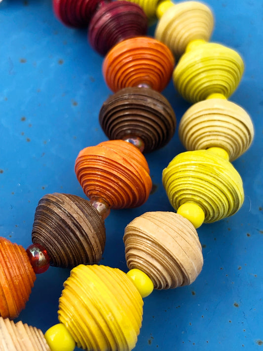 Unique Autumn Colors Paperbead Necklace | Red Yellow Orange Brown | Handmade Beaded Necklace from Morocco | Sustainable Gift for Women