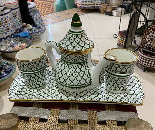 Moroccan Ceramic Tea Set , Handmade, Hand Painted, with Real 14K Gold Rim