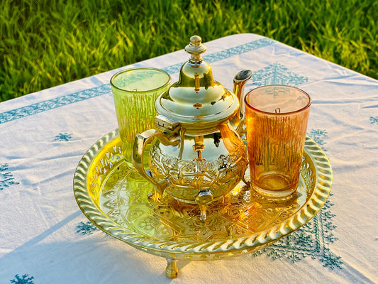 A Set That Includes 2 Moroccan Tea Glasses, Teapot, Handmade Silver Plated Brass Teapot, Bread Basket Handmade with Leather Handles.