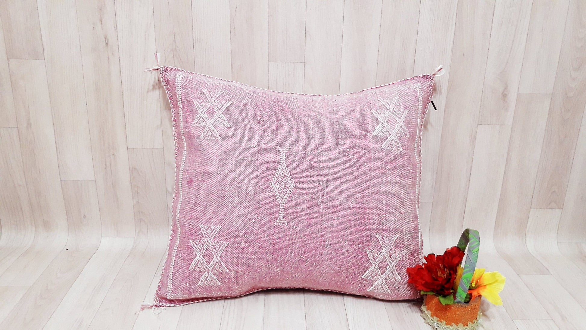 Yellow Cactus Silk Pillow Cover, Moroccan Boho Throw Pillow , Morocco Handmade Pillow, Sabra Cactus Silk Cushion,Home Decor