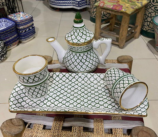 Moroccan Ceramic Tea Set , Handmade, Hand Painted, with Real 14K Gold Rim