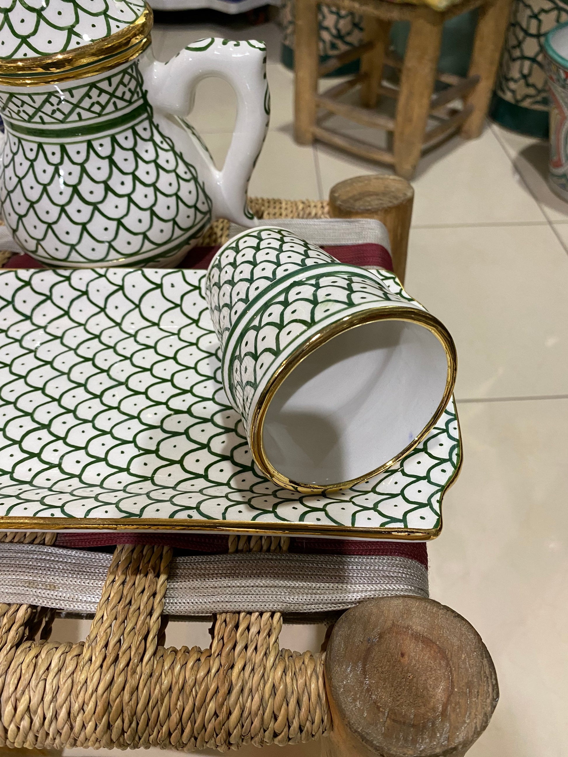 Moroccan Ceramic Tea Set , Handmade, Hand Painted, with Real 14K Gold Rim