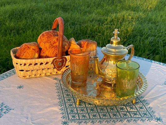 A Set That Includes 2 Moroccan Tea Glasses, Teapot, Handmade Silver Plated Brass Teapot, Bread Basket Handmade with Leather Handles.