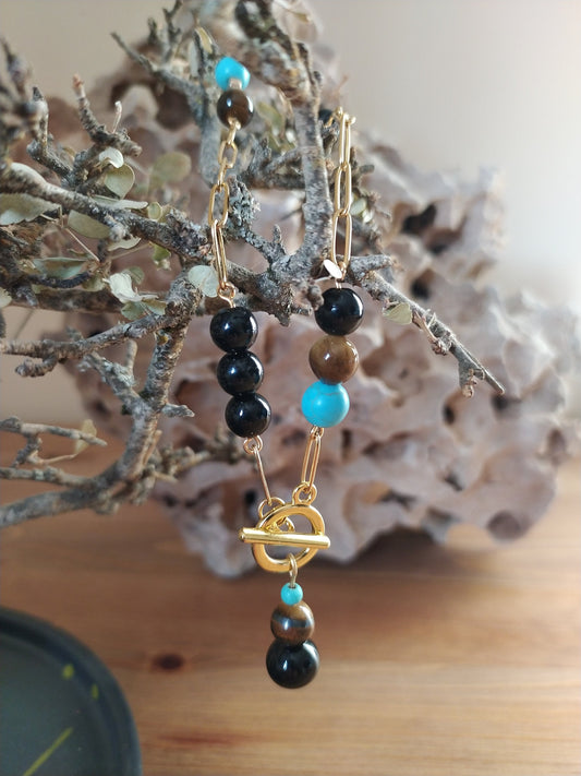 Turquoise, Black Agate and Tiger'S Eye Pearls, an Exclusive Product Handmade and Natural Stones to Embellish Your Neck.