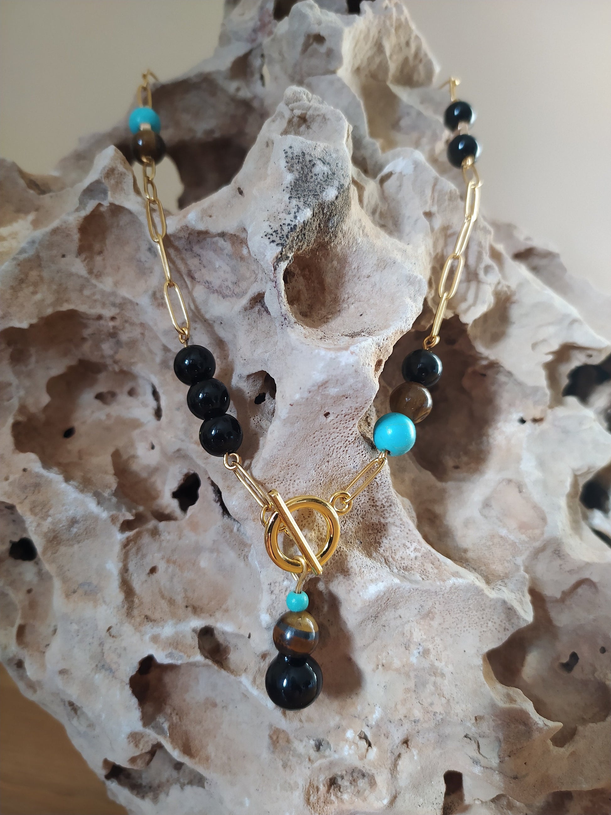 Turquoise, Black Agate and Tiger'S Eye Pearls, an Exclusive Product Handmade and Natural Stones to Embellish Your Neck.