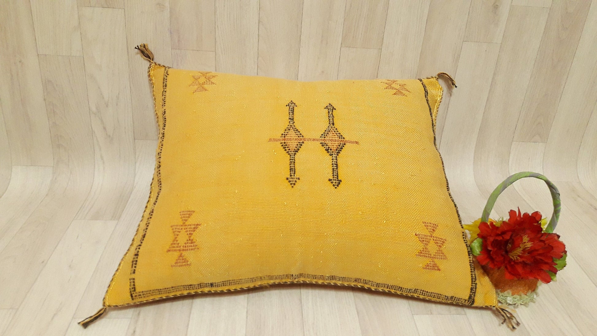 Cactus Silk Cushion Cover - Yellow Sabra Pillow - Handmade Morocco Cushion
