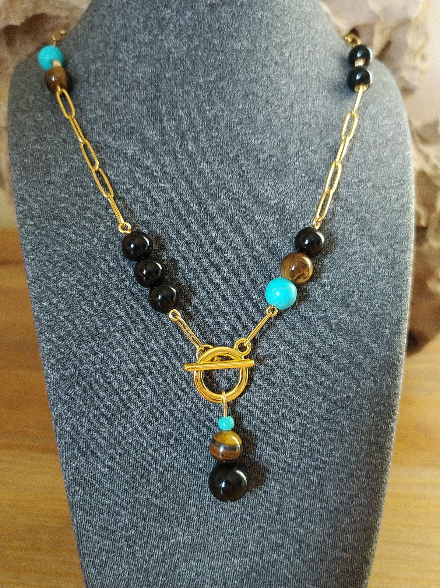 Turquoise, Black Agate and Tiger'S Eye Pearls, an Exclusive Product Handmade and Natural Stones to Embellish Your Neck.