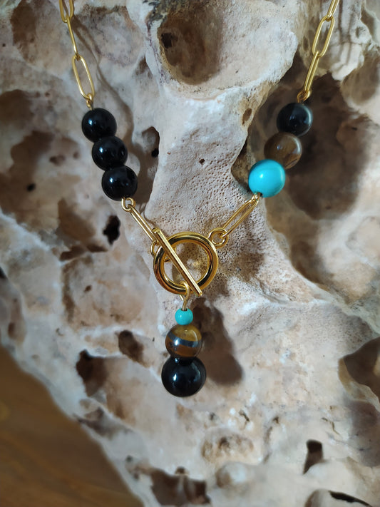 Turquoise, Black Agate and Tiger'S Eye Pearls, an Exclusive Product Handmade and Natural Stones to Embellish Your Neck.