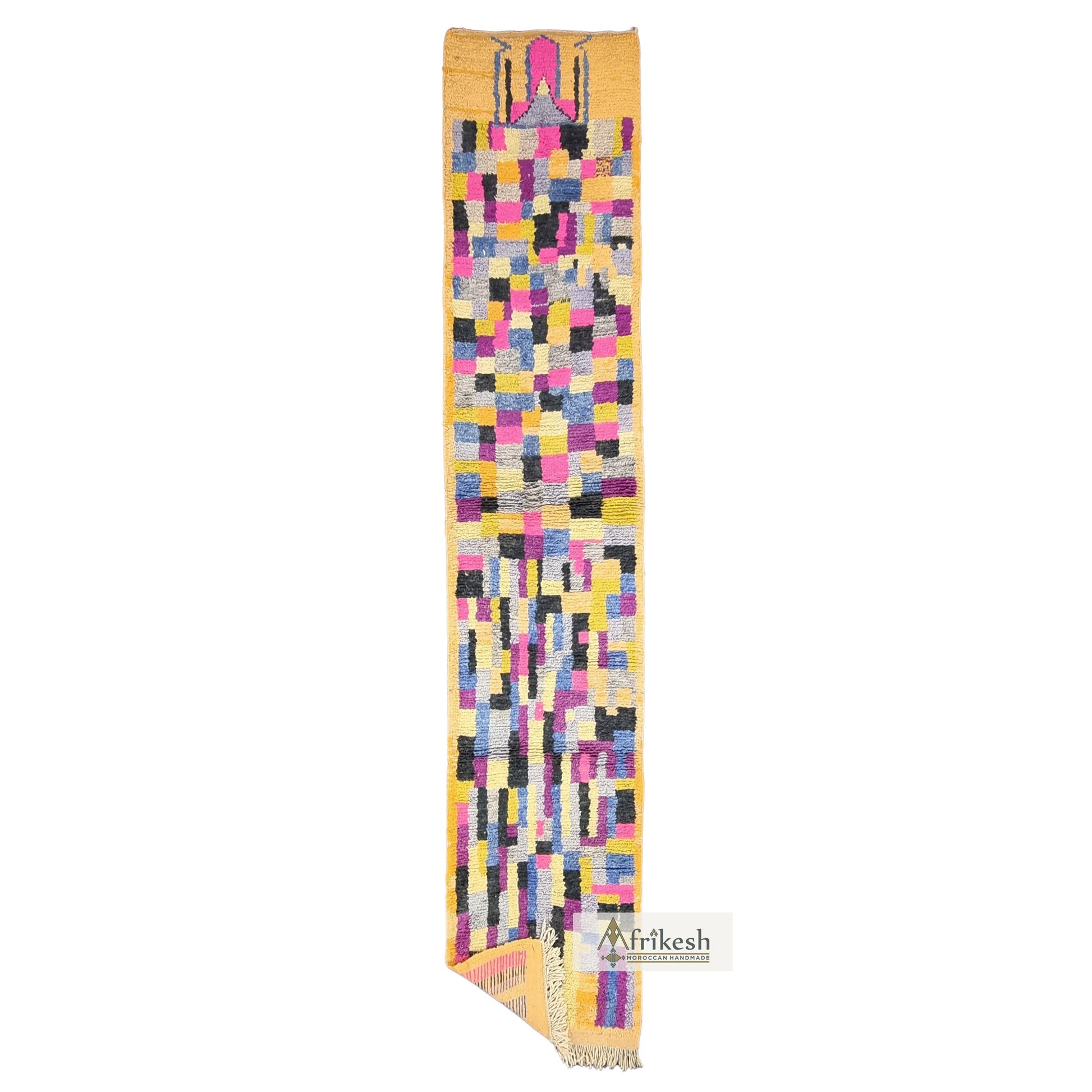 COLORFUL BOUJAAD RUG, Handmade Moroccan Rug 2X12, Sheep Wool Carpet, Fuchsia and Mustard Runner, Checkered Rug, Berber Rug, Handwoven Rug.