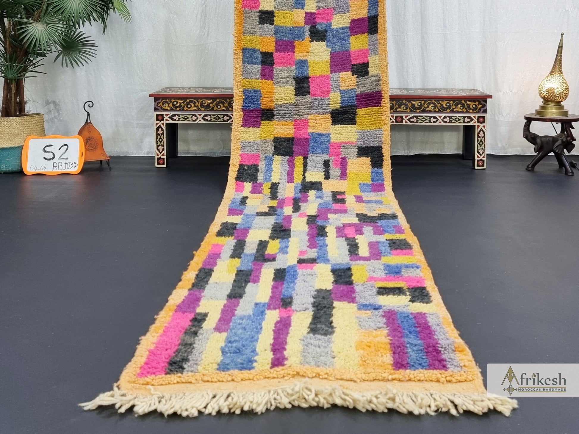 COLORFUL BOUJAAD RUG, Handmade Moroccan Rug 2X12, Sheep Wool Carpet, Fuchsia and Mustard Runner, Checkered Rug, Berber Rug, Handwoven Rug.