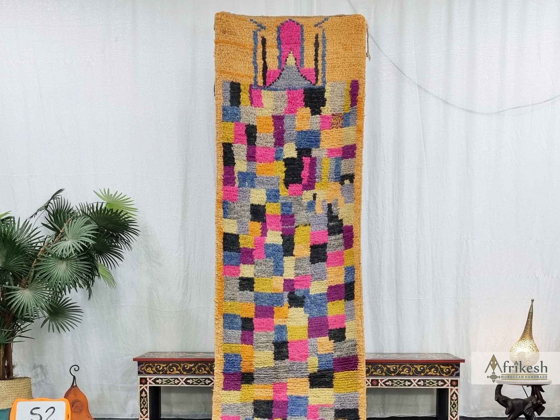 COLORFUL BOUJAAD RUG, Handmade Moroccan Rug 2X12, Sheep Wool Carpet, Fuchsia and Mustard Runner, Checkered Rug, Berber Rug, Handwoven Rug.