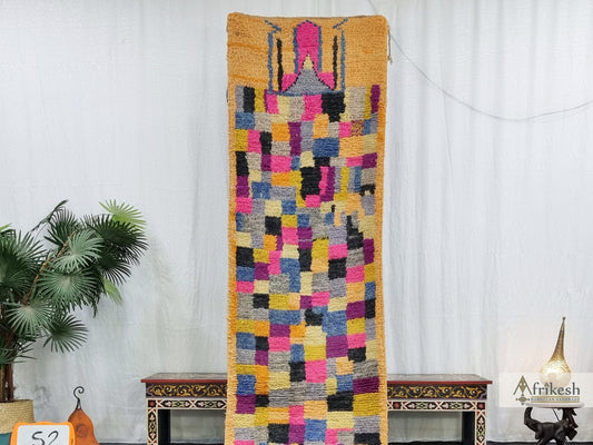 COLORFUL BOUJAAD RUG, Handmade Moroccan Rug 2X12, Sheep Wool Carpet, Fuchsia and Mustard Runner, Checkered Rug, Berber Rug, Handwoven Rug.