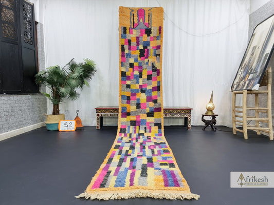 COLORFUL BOUJAAD RUG, Handmade Moroccan Rug 2X12, Sheep Wool Carpet, Fuchsia and Mustard Runner, Checkered Rug, Berber Rug, Handwoven Rug.