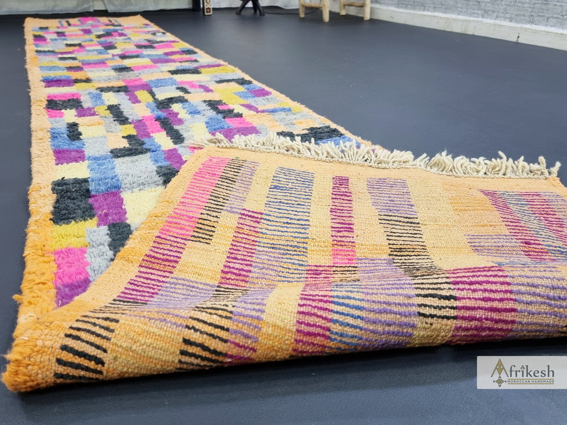 COLORFUL BOUJAAD RUG, Handmade Moroccan Rug 2X12, Sheep Wool Carpet, Fuchsia and Mustard Runner, Checkered Rug, Berber Rug, Handwoven Rug.