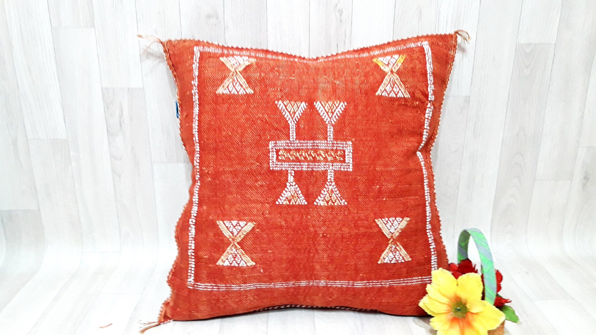 Cactus Silk Cushion Cover - Orange Sabra Pillow - Handmade Morocco Cushion