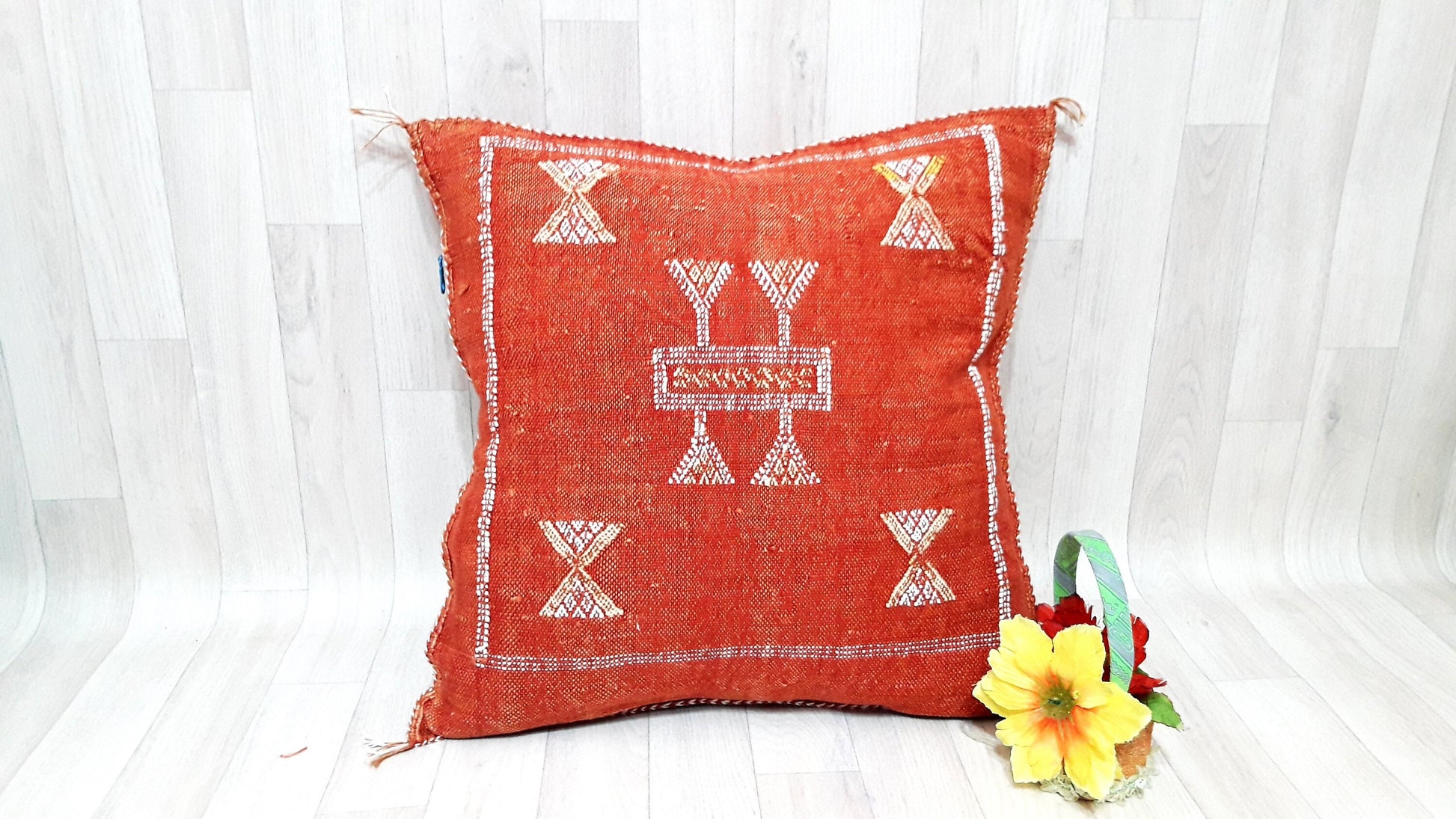 Cactus Silk Cushion Cover - Orange Sabra Pillow - Handmade Morocco Cushion