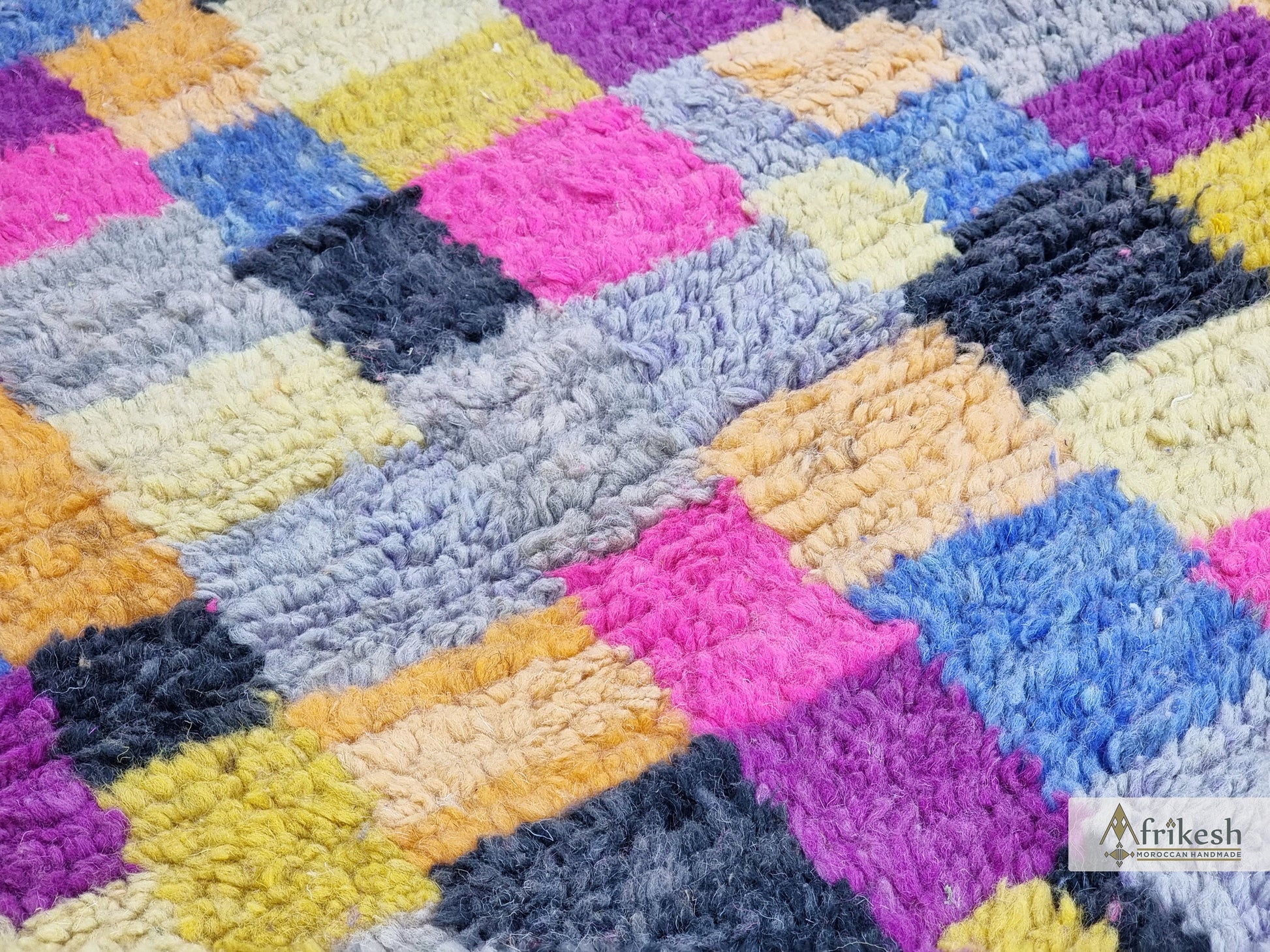 COLORFUL BOUJAAD RUG, Handmade Moroccan Rug 2X12, Sheep Wool Carpet, Fuchsia and Mustard Runner, Checkered Rug, Berber Rug, Handwoven Rug.