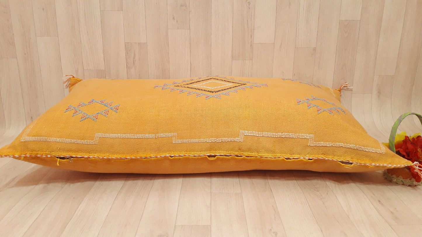 Cactus Silk Cushion Cover - Yellow Sabra Pillow - Handmade Morocco Cushion
