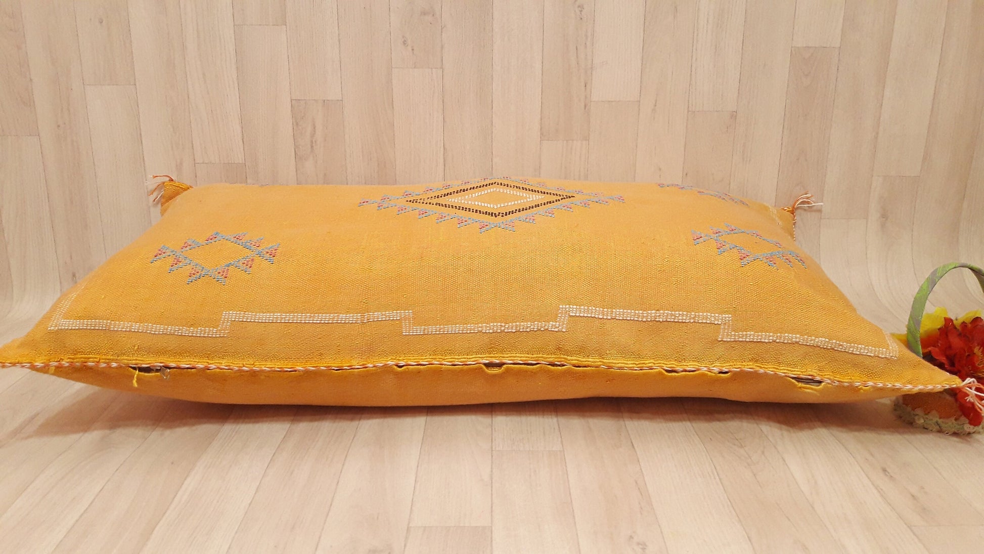 Cactus Silk Cushion Cover - Yellow Sabra Pillow - Handmade Morocco Cushion
