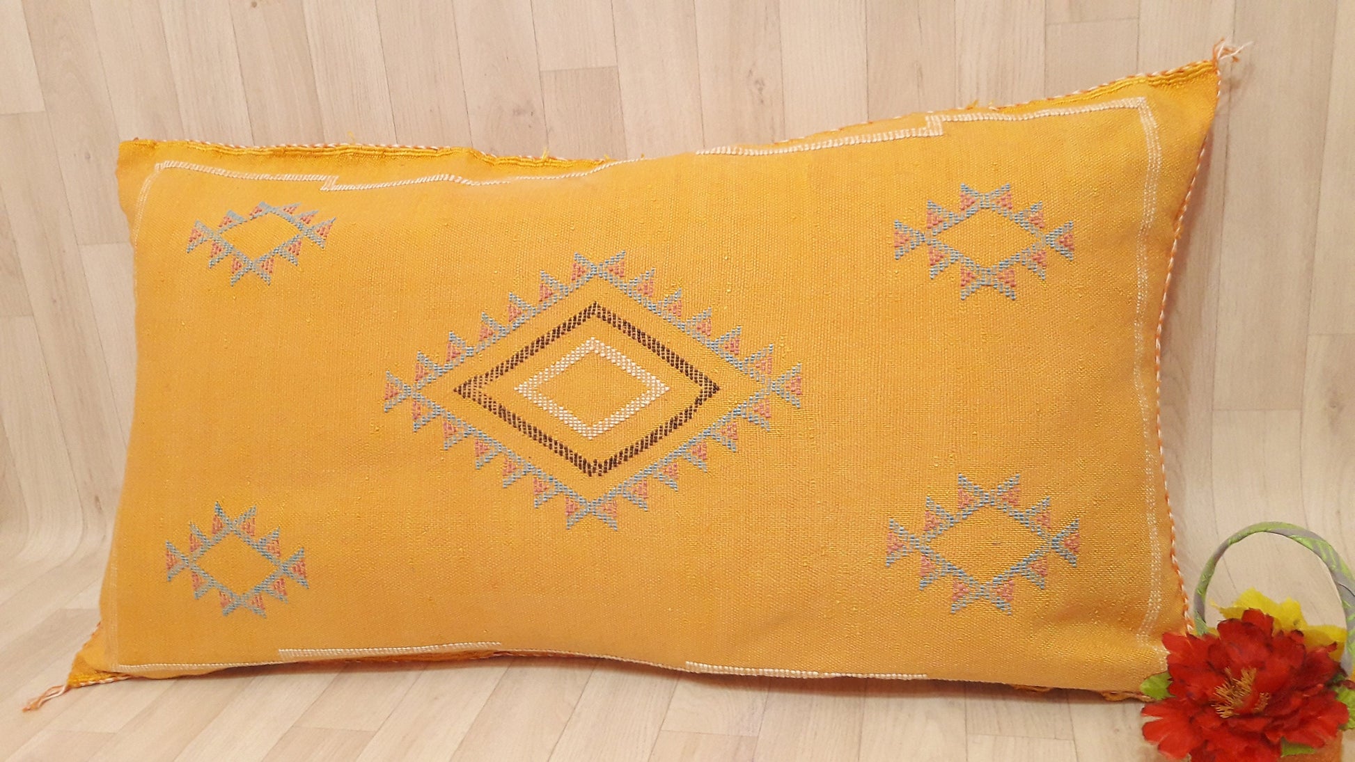 Cactus Silk Cushion Cover - Yellow Sabra Pillow - Handmade Morocco Cushion