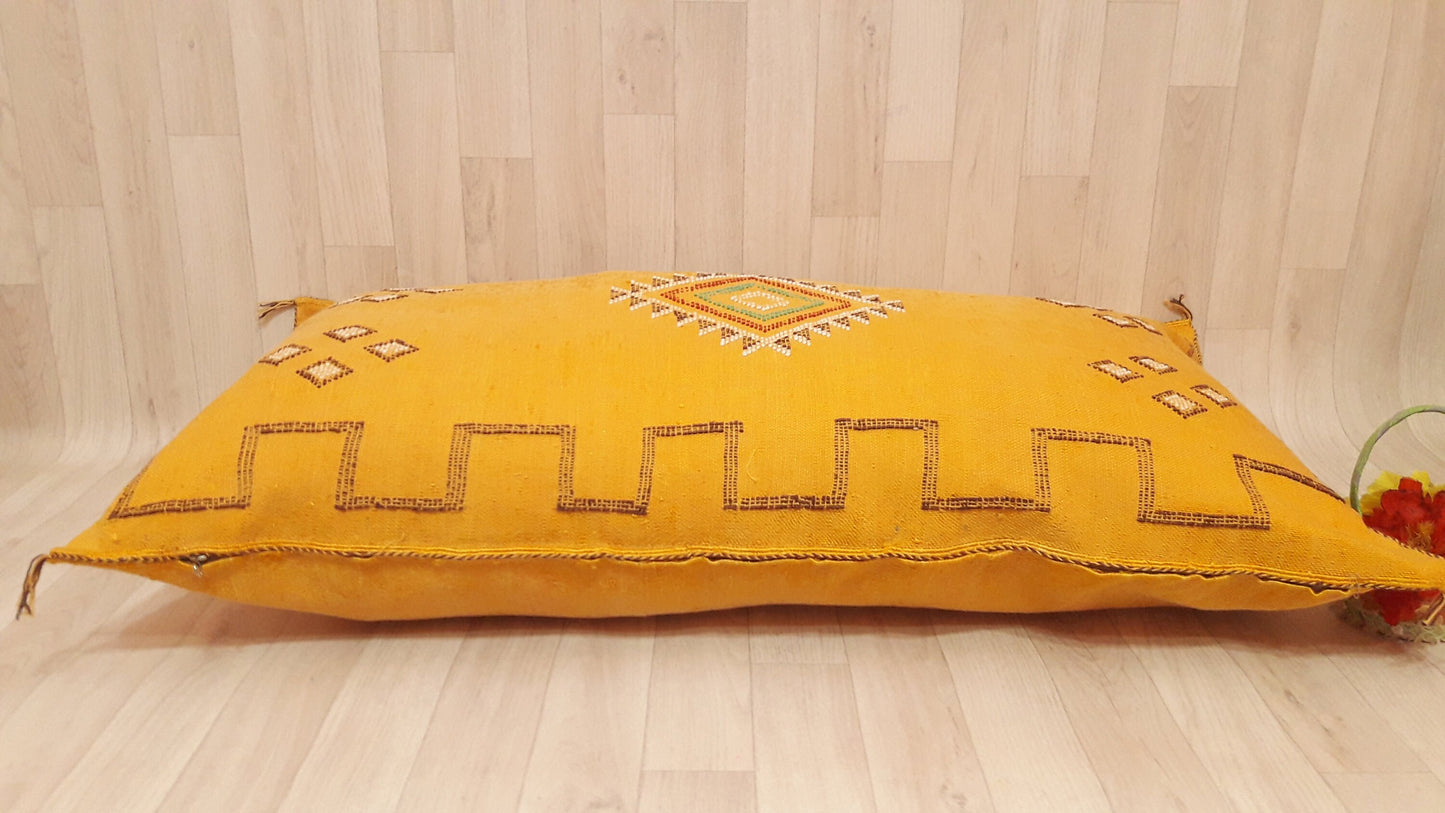 Moroccan Pillow Cover.Vintage Bohemian Pillow Yellow Morocco Sabra Pillow.Handmade Cactus Sabra Pillow.Cactus Silk Lumbar Pillow