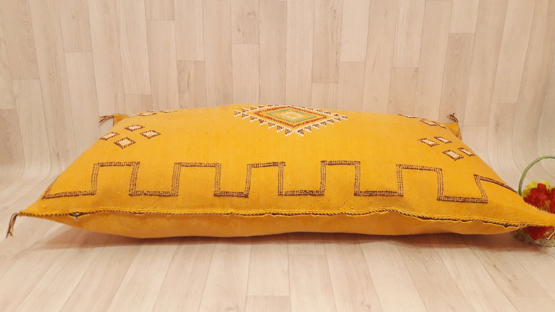 Moroccan Pillow Cover.Vintage Bohemian Pillow Yellow Morocco Sabra Pillow.Handmade Cactus Sabra Pillow.Cactus Silk Lumbar Pillow