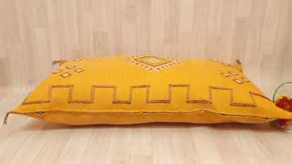 Moroccan Pillow Cover.Vintage Bohemian Pillow Yellow Morocco Sabra Pillow.Handmade Cactus Sabra Pillow.Cactus Silk Lumbar Pillow