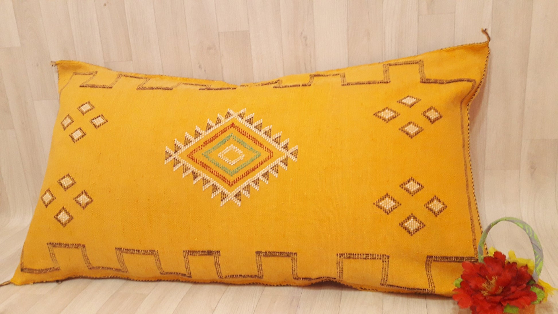 Moroccan Pillow Cover.Vintage Bohemian Pillow Yellow Morocco Sabra Pillow.Handmade Cactus Sabra Pillow.Cactus Silk Lumbar Pillow