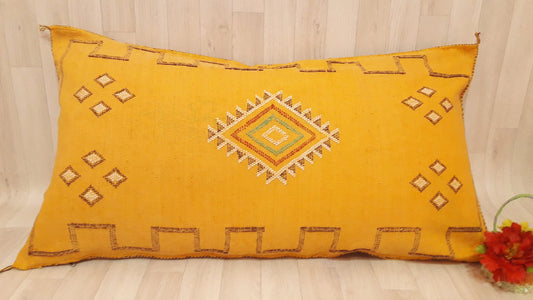 Moroccan Pillow Cover.Vintage Bohemian Pillow Yellow Morocco Sabra Pillow.Handmade Cactus Sabra Pillow.Cactus Silk Lumbar Pillow