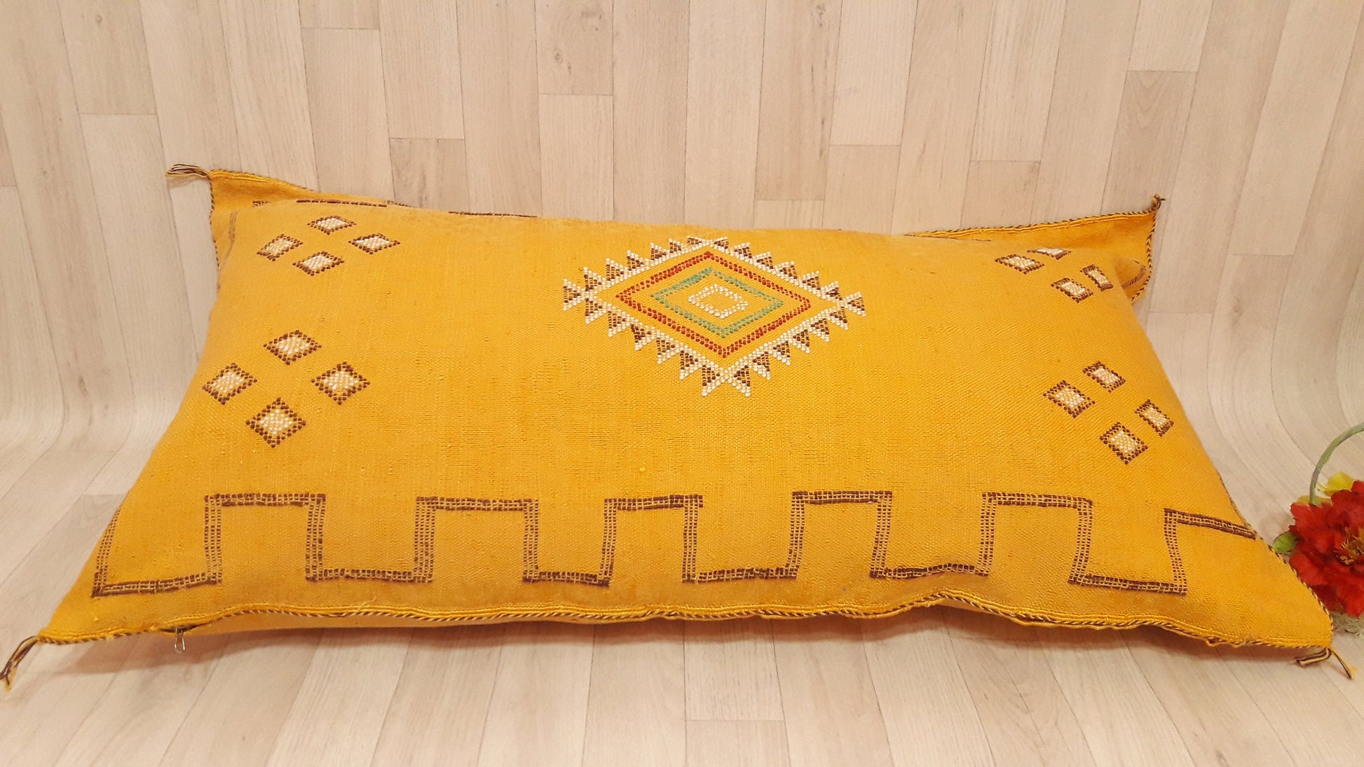 Moroccan Pillow Cover.Vintage Bohemian Pillow Yellow Morocco Sabra Pillow.Handmade Cactus Sabra Pillow.Cactus Silk Lumbar Pillow