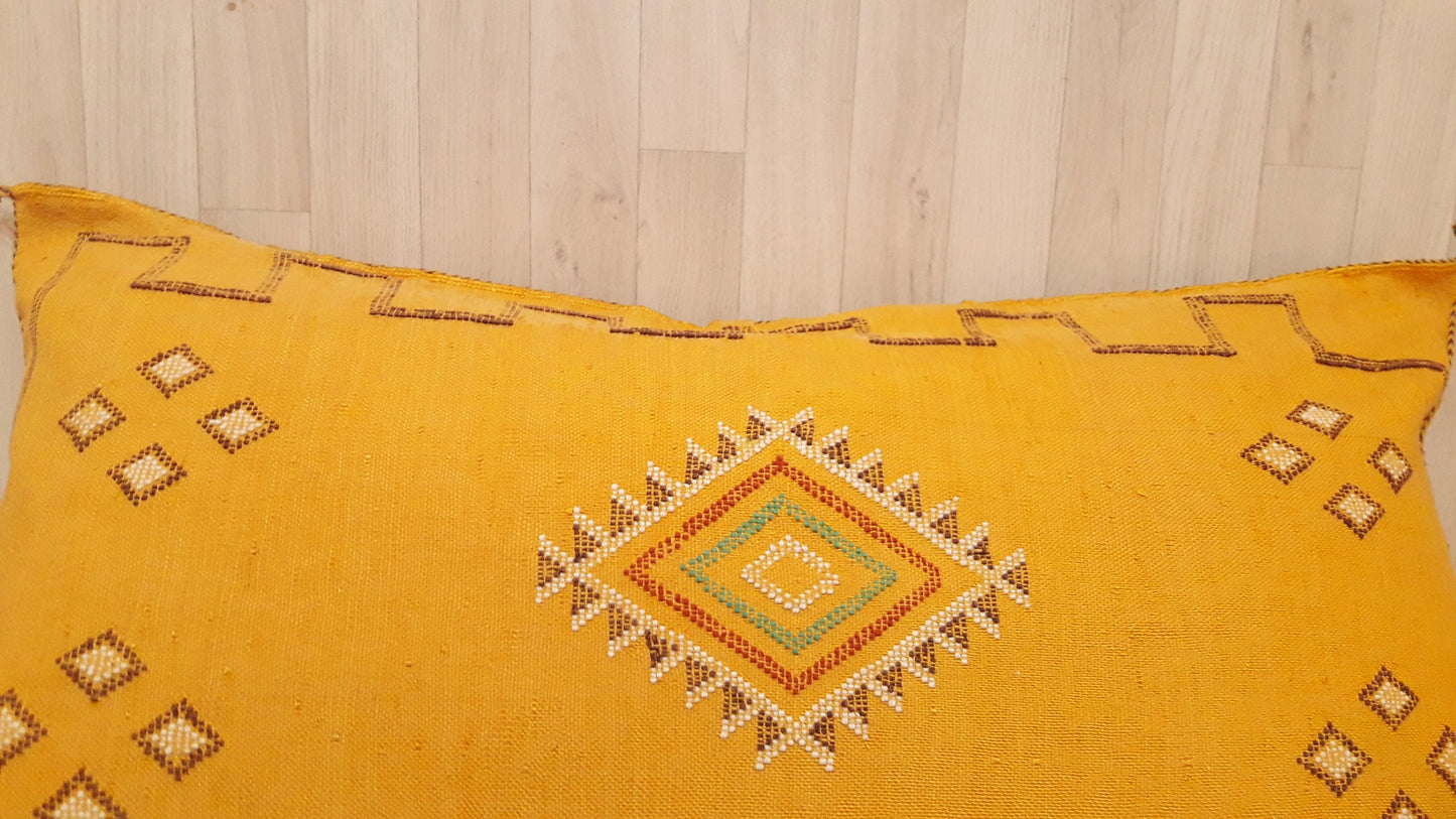 Moroccan Pillow Cover.Vintage Bohemian Pillow Yellow Morocco Sabra Pillow.Handmade Cactus Sabra Pillow.Cactus Silk Lumbar Pillow