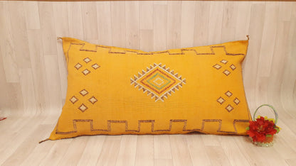 Moroccan Pillow Cover.Vintage Bohemian Pillow Yellow Morocco Sabra Pillow.Handmade Cactus Sabra Pillow.Cactus Silk Lumbar Pillow