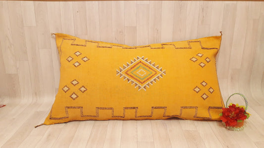 Moroccan Pillow Cover.Vintage Bohemian Pillow Yellow Morocco Sabra Pillow.Handmade Cactus Sabra Pillow.Cactus Silk Lumbar Pillow