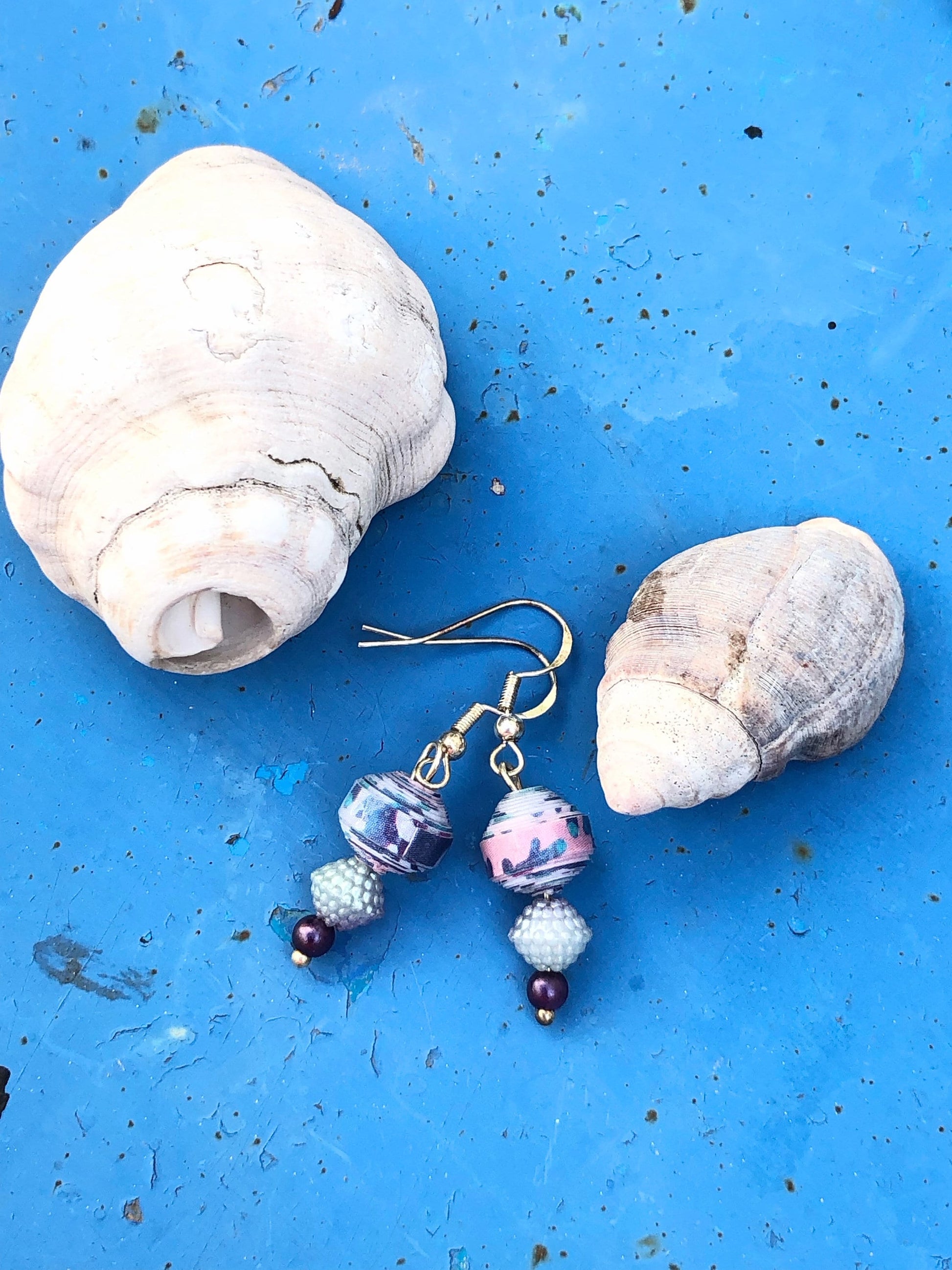 Purple & Silver Beaded Earrings | Upcycled Paperbead Earrings Morocco | Unique Handmade Recycled Earrings | Drop Dangle Earrings Silver Hook