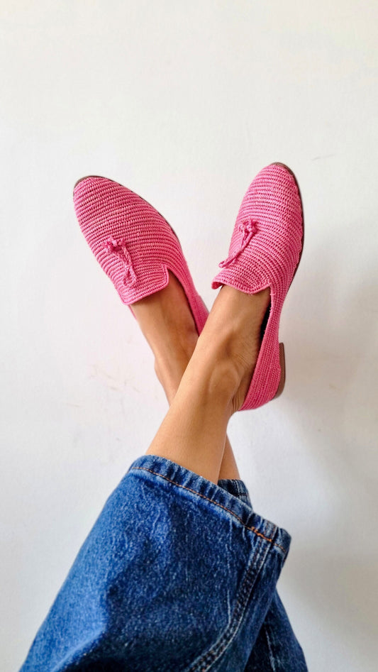 Ready to Ship Raffia Shoes Pink Handmade Raffia Loafer, Moroccan Shoes, Gift for Her