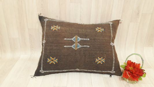 Brown Cactus Silk Pillow Cover, Moroccan Boho Throw Pillow , Hand Woven Berber Pillow, Decorative Sabra Cactus Silk Cushion Cover