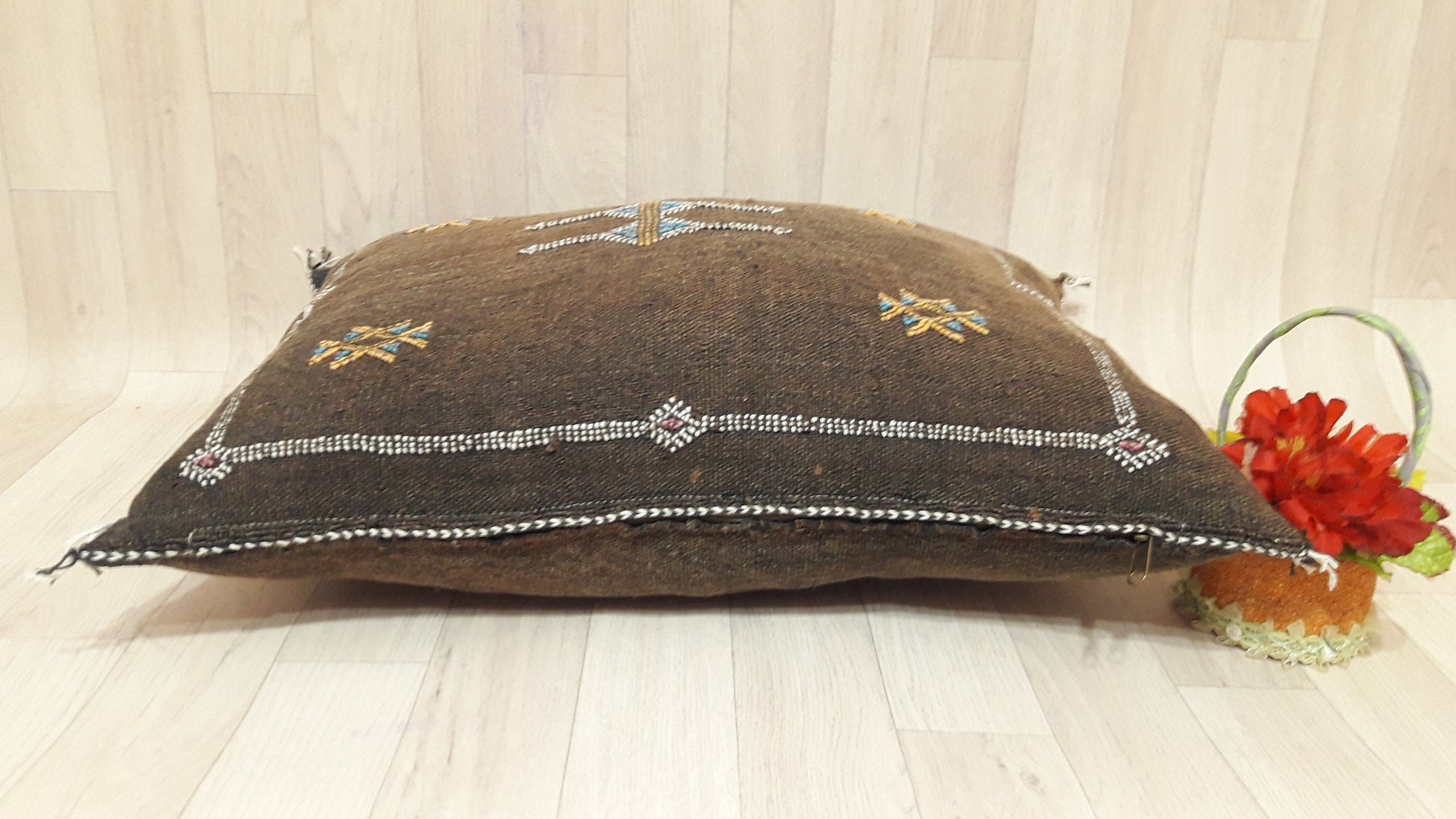 Brown Cactus Silk Pillow Cover, Moroccan Boho Throw Pillow , Hand Woven Berber Pillow, Decorative Sabra Cactus Silk Cushion Cover