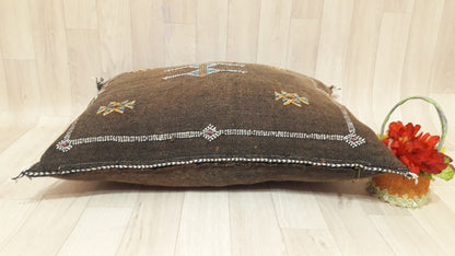 Brown Cactus Silk Pillow Cover, Moroccan Boho Throw Pillow , Hand Woven Berber Pillow, Decorative Sabra Cactus Silk Cushion Cover