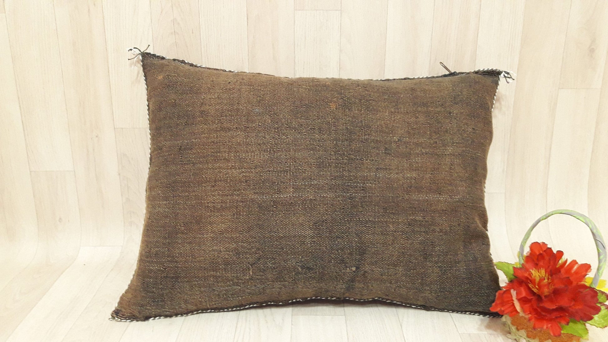 Brown Cactus Silk Pillow Cover, Moroccan Boho Throw Pillow , Hand Woven Berber Pillow, Decorative Sabra Cactus Silk Cushion Cover