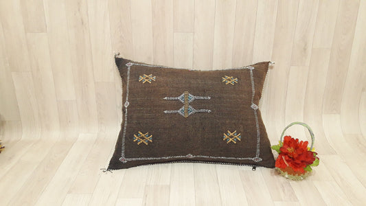 Brown Cactus Silk Pillow Cover, Moroccan Boho Throw Pillow , Hand Woven Berber Pillow, Decorative Sabra Cactus Silk Cushion Cover