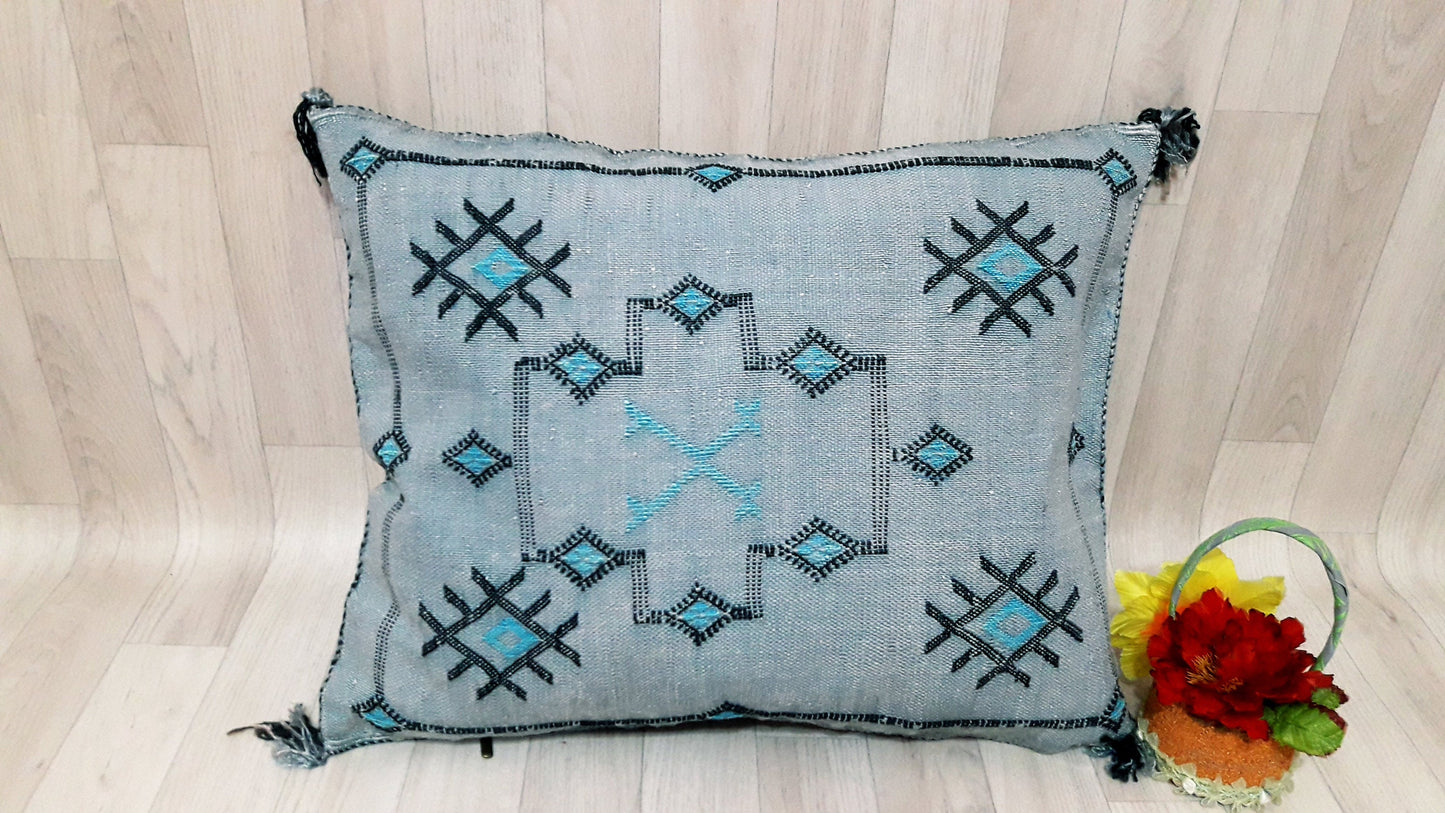 GRAY Cactus Silk Pillow Cover, Moroccan Boho Throw Pillow , Hand Woven Berber Pillow, Decorative Sabra Cactus Silk Cushion Cover